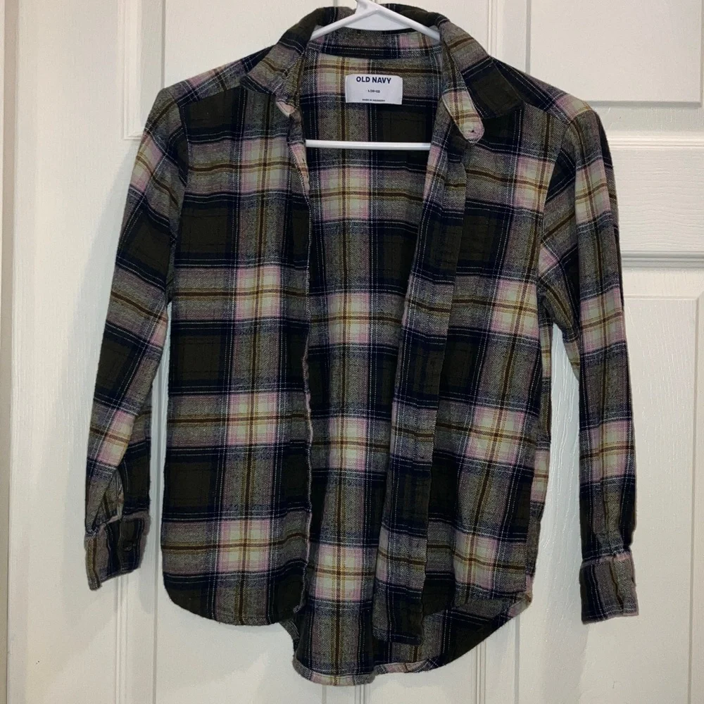 Old Navy Girls Plaid Flannel Shirt Size L 10–12 Pink Navy Olive Button Down